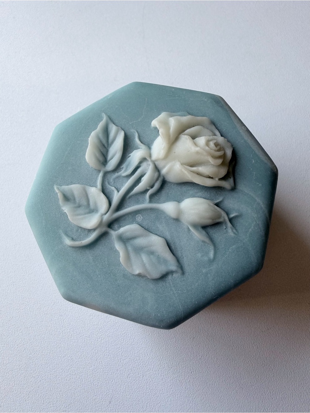 Vintage Blue Alabaster Rose Jewelry Trinket Box Octagonal Hand Carved Stone